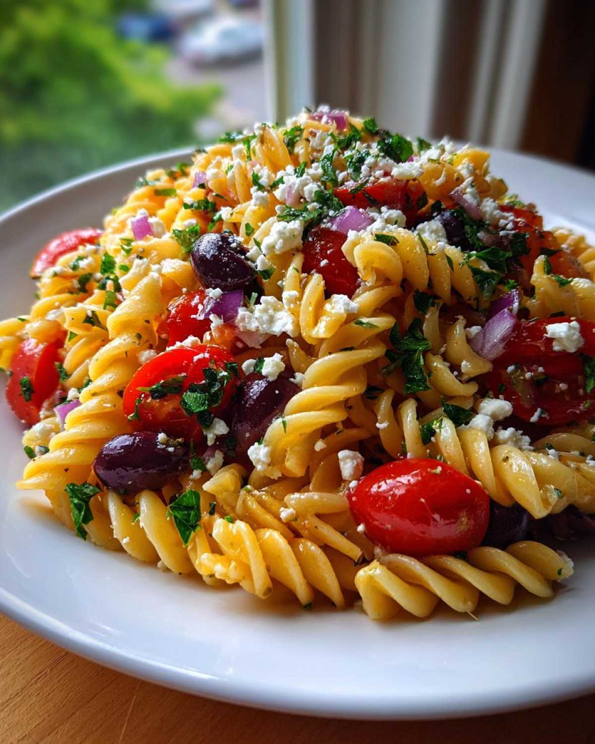 A close-up shot of a serving of Mediterranean Pasta Salad featuring rotini pasta, cherry tomatoes, Kalamata olives, and crumbled feta cheese.