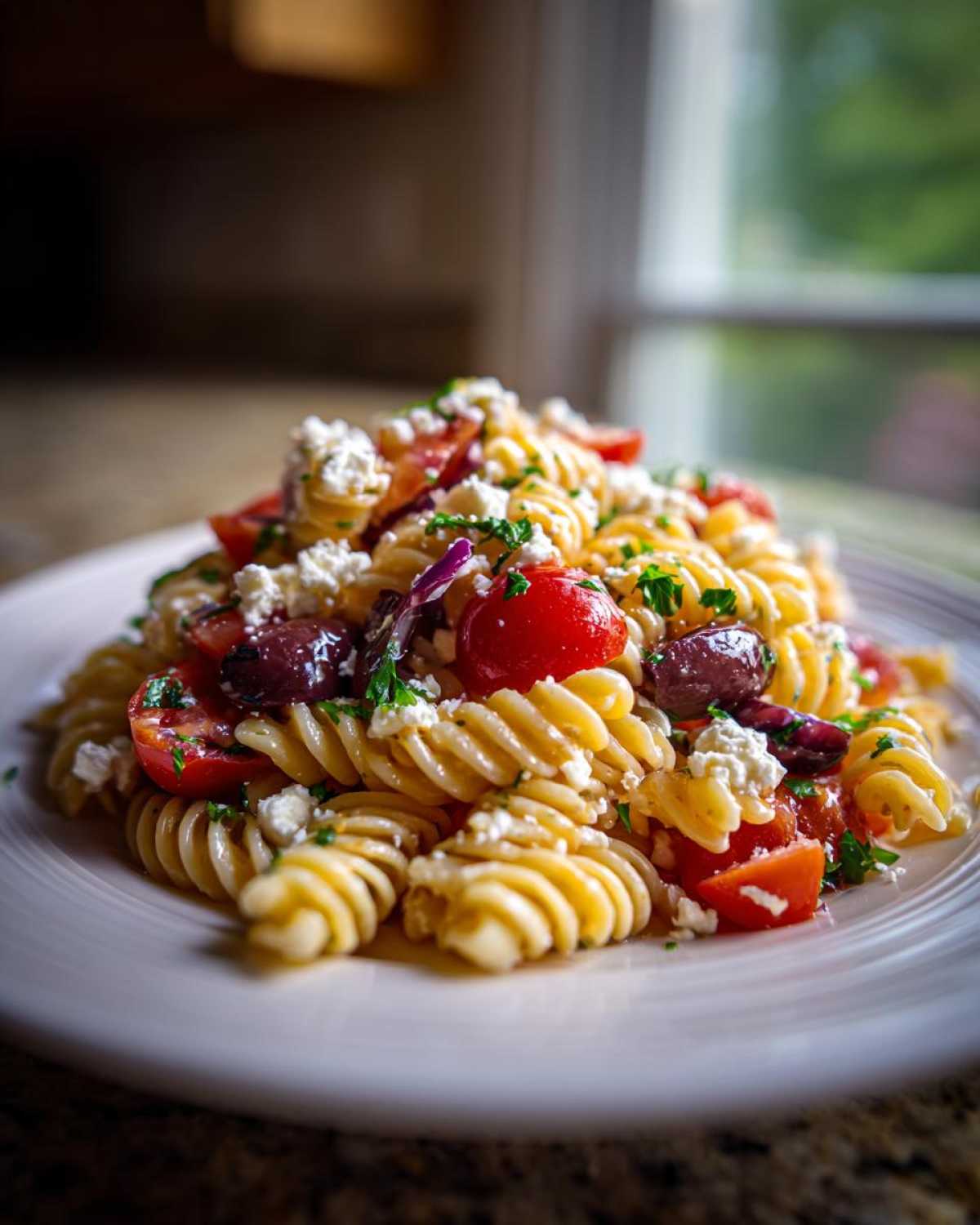 A close-up serving of vibrant Mediterranean Pasta Salad featuring rotini pasta, cherry tomatoes, Kalamata olives, and crumbled feta cheese.
