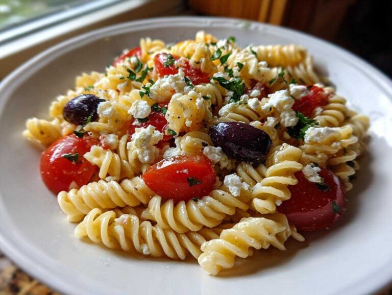 A close-up serving of Mediterranean Pasta Salad featuring rotini pasta, halved cherry tomatoes, Kalamata olives, and crumbled feta cheese.