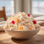 A large bowl overflowing with creamy Memorial Day : Ambrosia Salad, topped with marshmallows, maraschino cherries, and mandarin oranges.