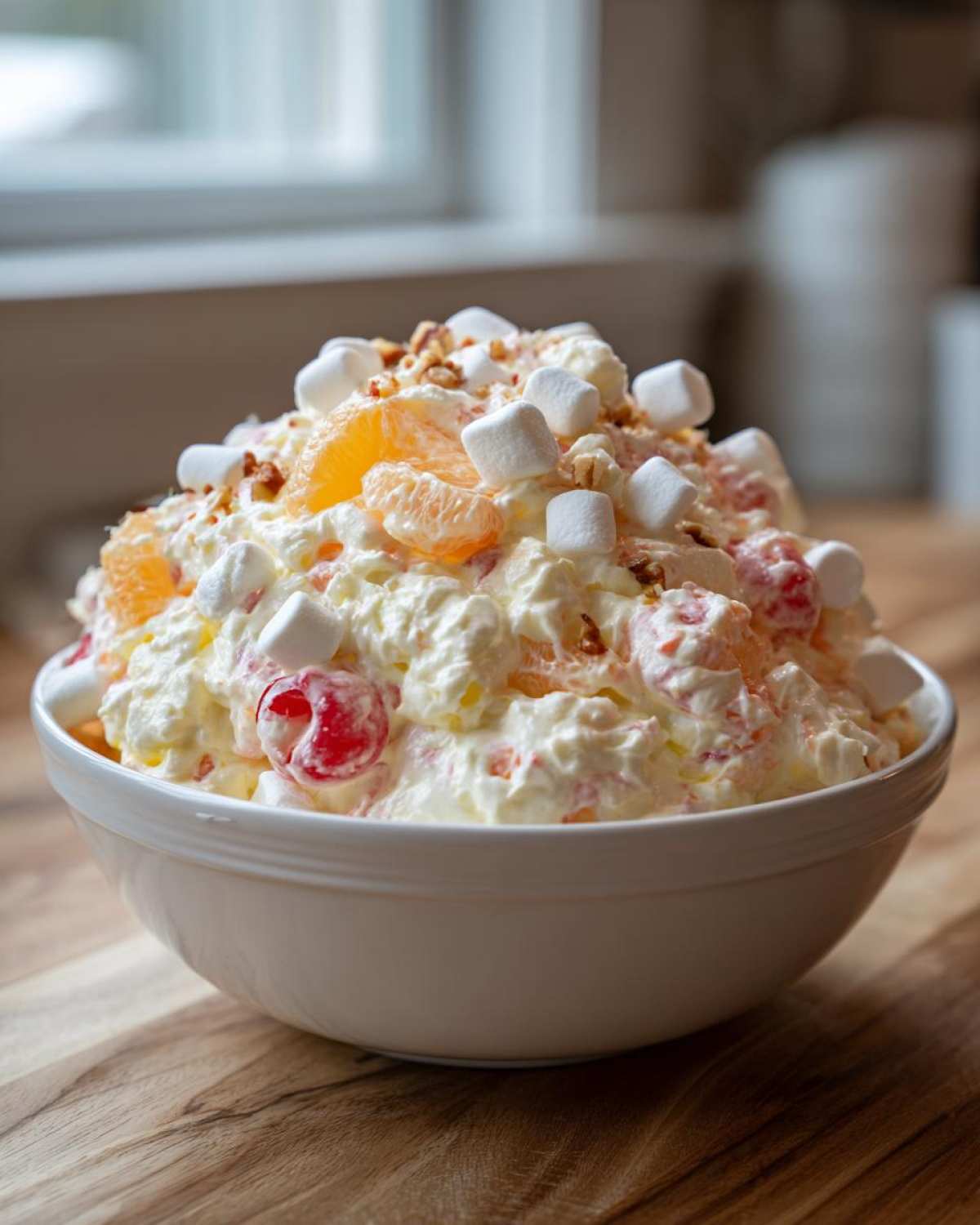 A large white bowl filled high with creamy Memorial Day : Ambrosia Salad, topped with mini marshmallows, pecans, and mandarin oranges.