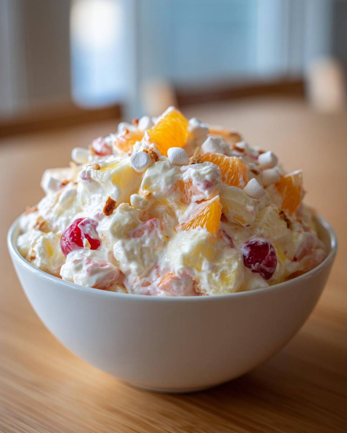 Close-up of a fluffy bowl of Memorial Day Ambrosia Salad topped with marshmallows, orange segments, and cherries.