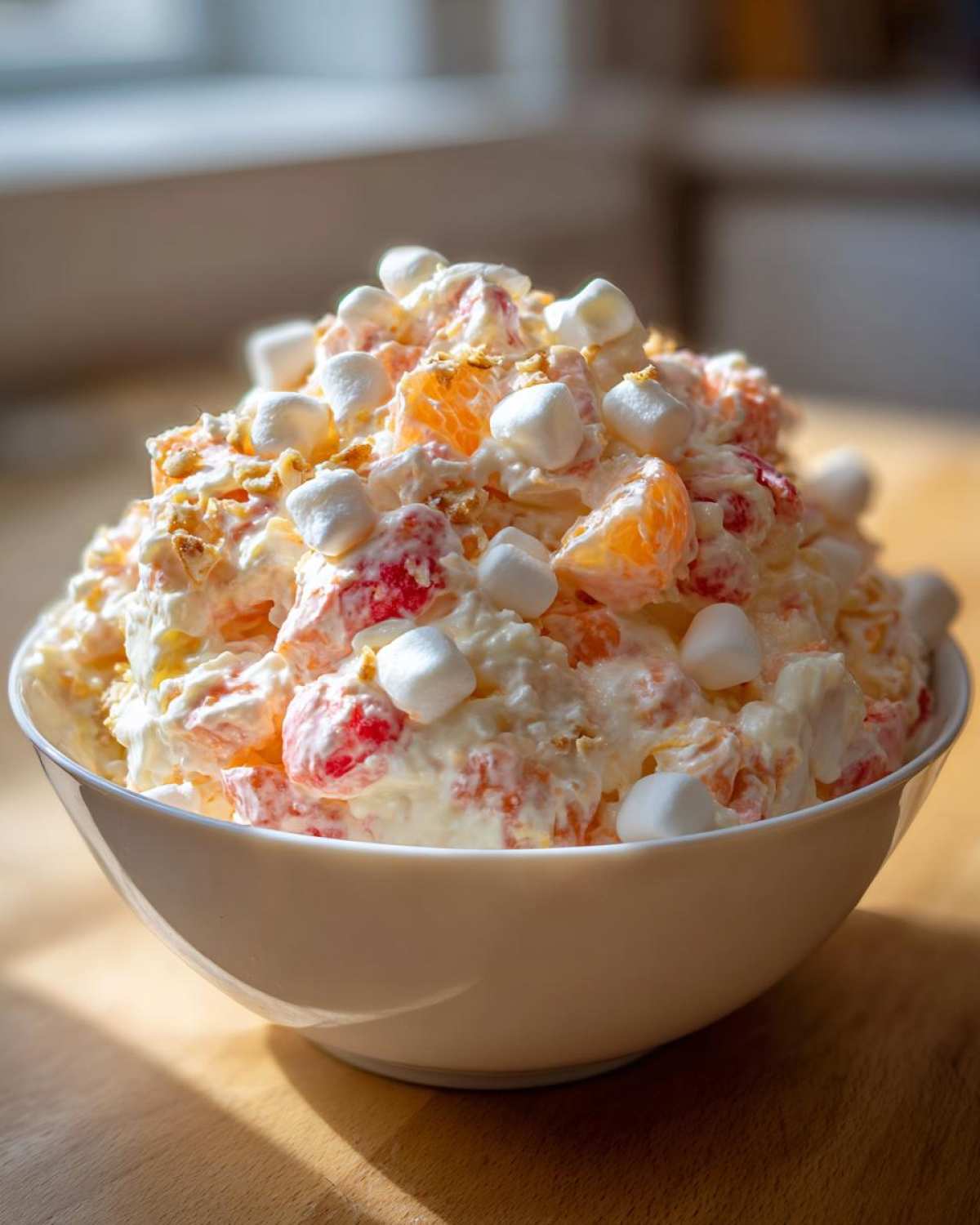 A large white bowl filled with creamy Memorial Day Ambrosia Salad topped with mini marshmallows and fruit chunks.