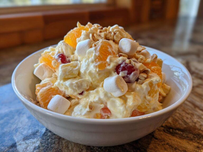 Amazing 1-Day Memorial Day : Ambrosia Salad A close-up of a white bowl filled with creamy Memorial Day Ambrosia Salad, featuring mandarin oranges, pineapple, cherries, marshmallows, and chopped nuts.