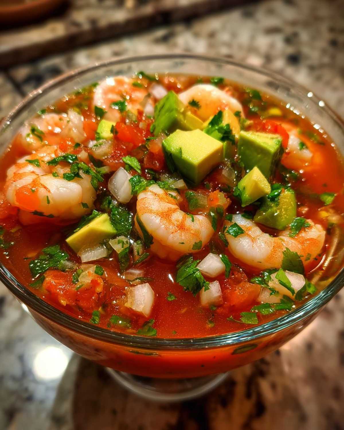 Close-up of vibrant Mexican shrimp cocktail served in a glass goblet, featuring plump shrimp, avocado chunks, and cilantro in a tomato-based sauce.