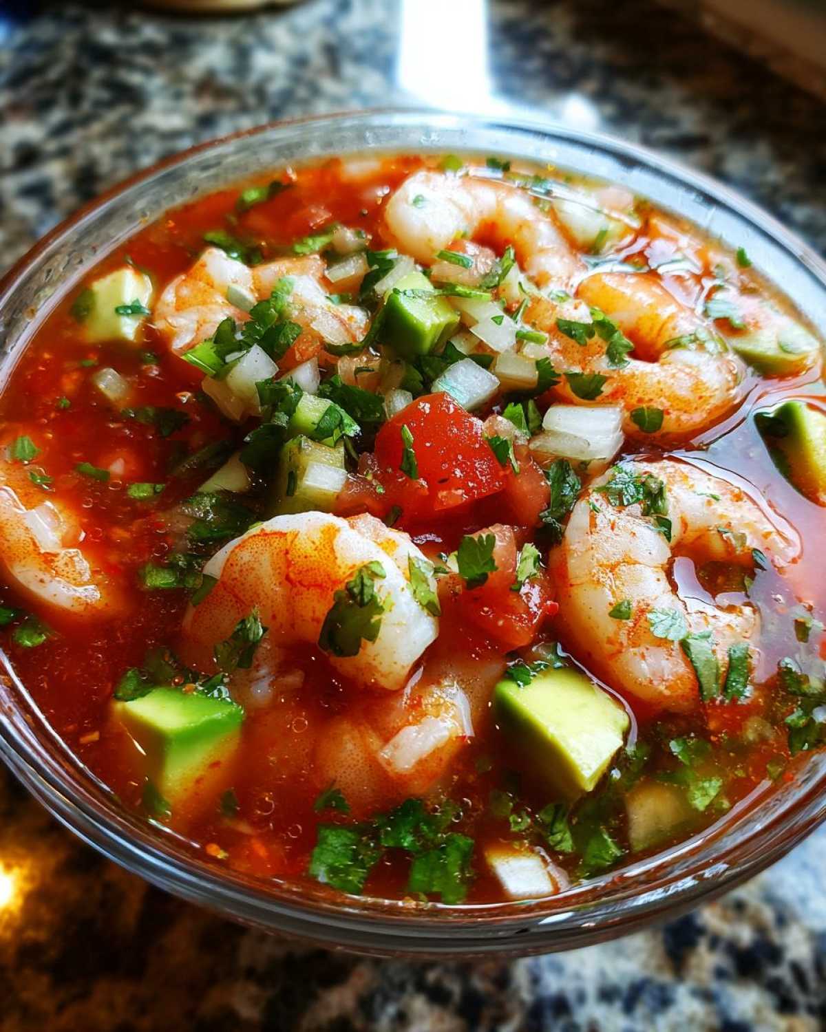 A close-up view of a refreshing Mexican shrimp cocktail featuring plump shrimp, diced avocado, onion, and cilantro in a rich tomato-based broth.