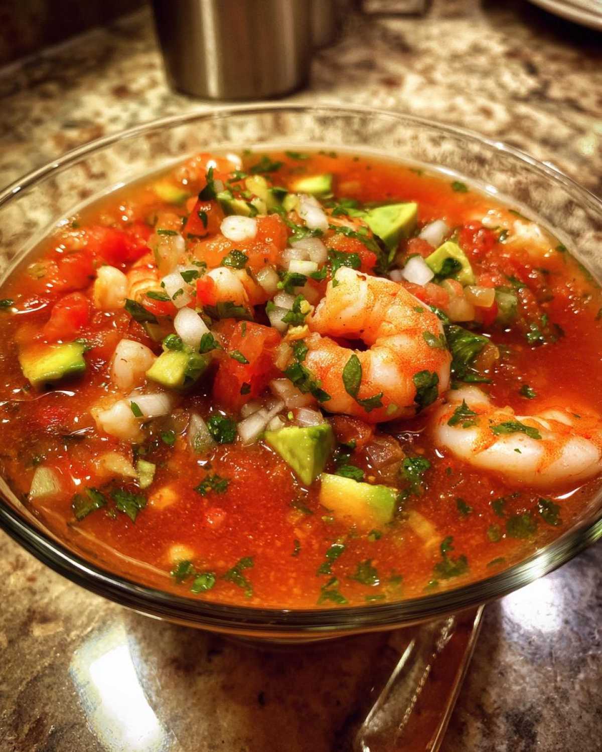 Close-up of vibrant Mexican shrimp cocktail served in a clear glass bowl, featuring shrimp, avocado, onion, and cilantro in tomato juice.