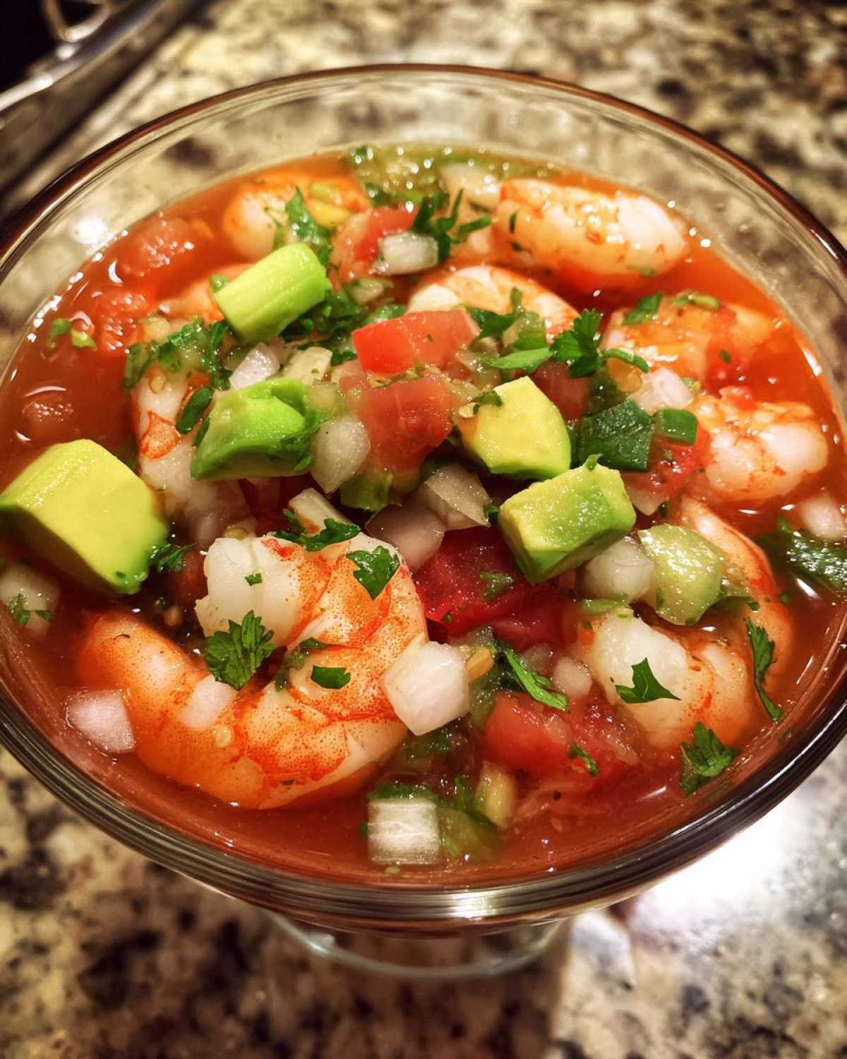 Close-up overhead view of vibrant Mexican shrimp cocktail served in a glass, featuring plump shrimp, avocado, onion, and tomato in a red sauce.