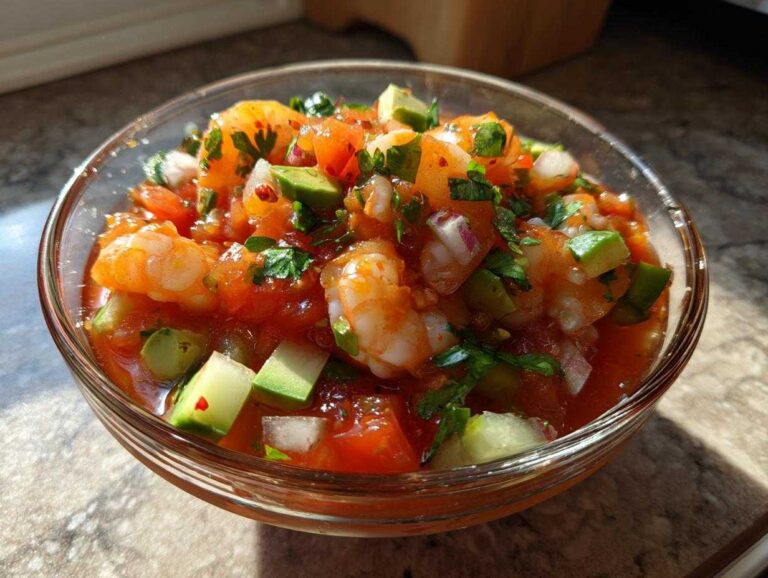 A vibrant glass bowl filled with fresh Mexican shrimp cocktail, featuring plump shrimp, diced tomatoes, avocado, and cilantro.