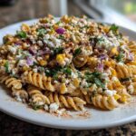 A generous serving of Mexican Street Corn Pasta Salad featuring rotini pasta, corn, cotija cheese, and chili powder on a white plate.