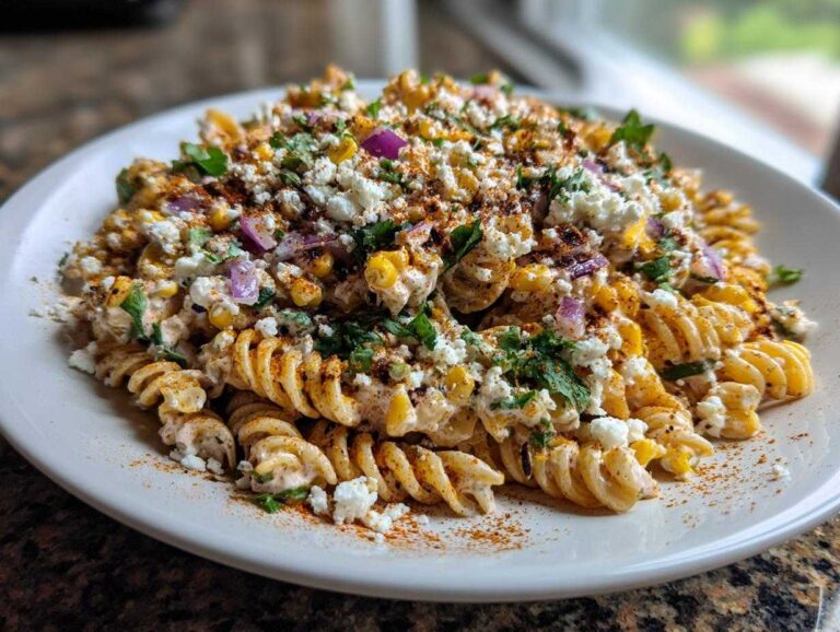 A generous serving of Mexican Street Corn Pasta Salad featuring rotini pasta, corn, cotija cheese, and chili powder on a white plate.