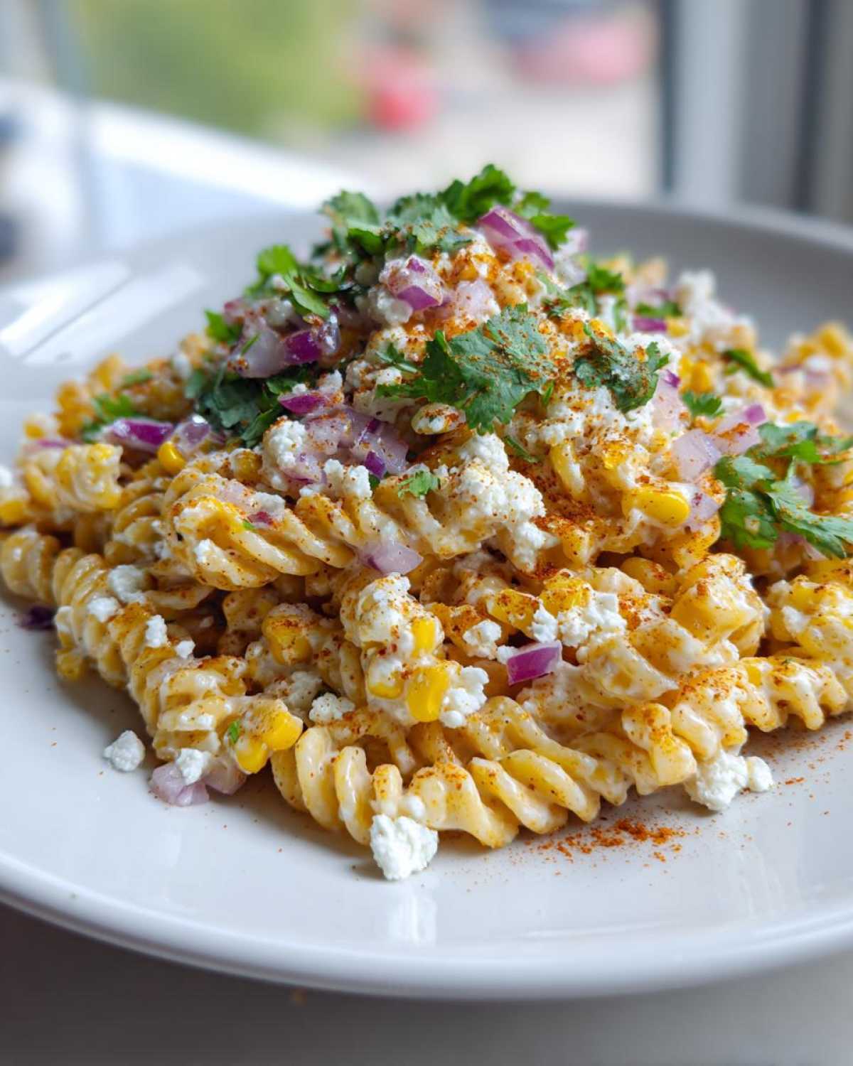 Close-up of Mexican Street Corn Pasta Salad featuring rotini pasta, corn, cotija cheese, red onion, and cilantro.