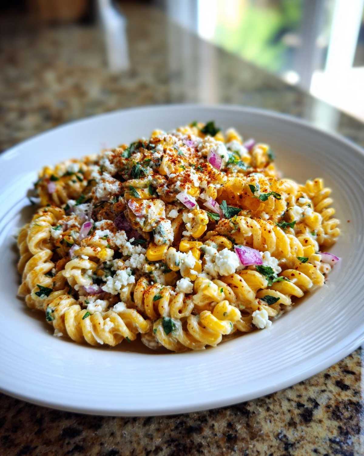 A close-up serving of creamy Mexican Street Corn Pasta Salad featuring rotini pasta, corn kernels, cotija cheese, and red onion.