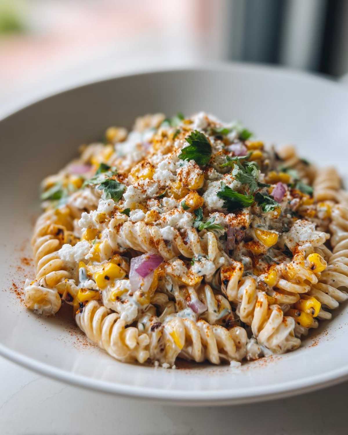 Close-up of a creamy Mexican Street Corn Pasta Salad featuring fusilli pasta, charred corn, red onion, and crumbled white cheese.
