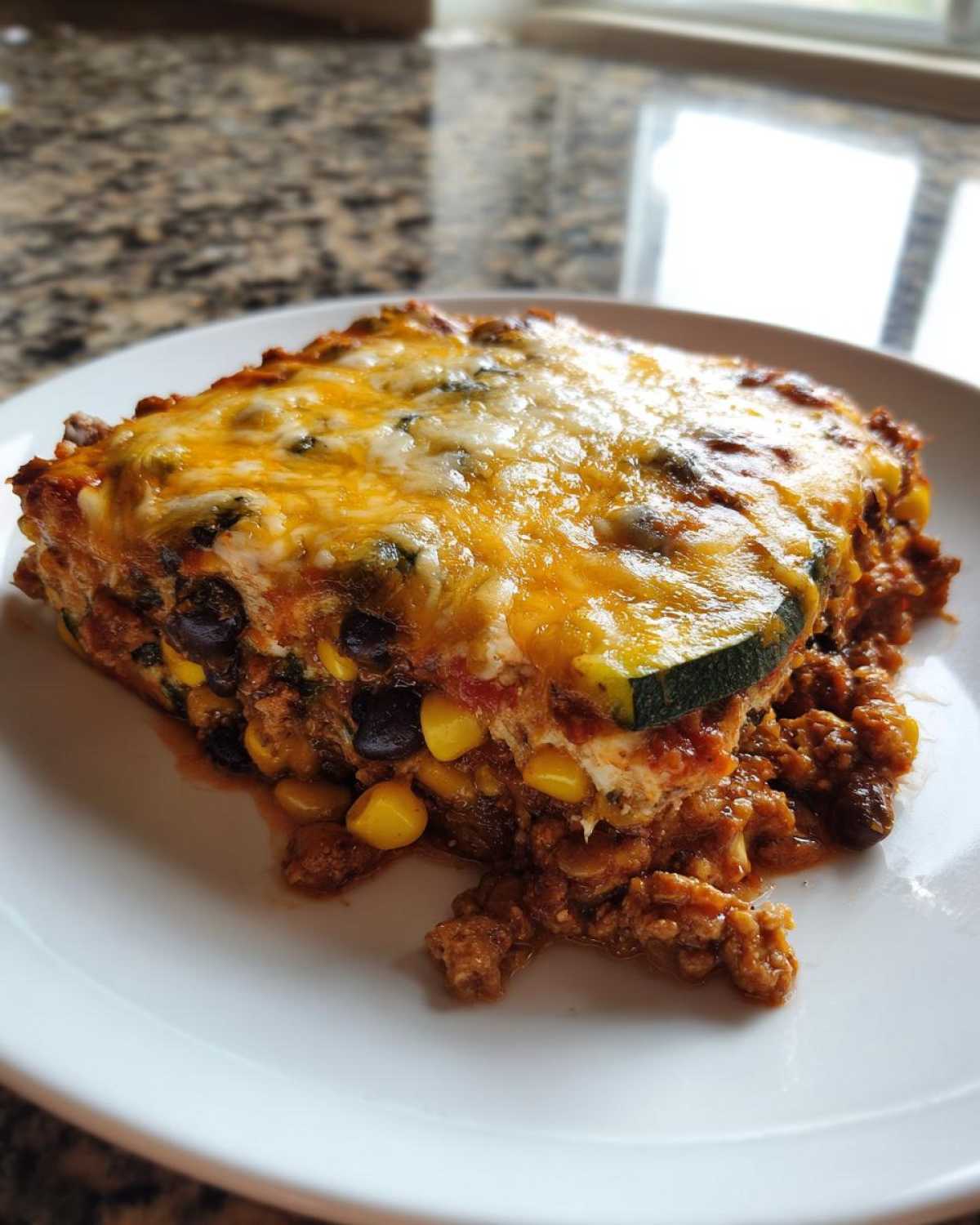 A close-up serving of Mexican Zucchini Casserole layered with ground meat, corn, black beans, and topped with melted cheddar and Monterey Jack cheese.