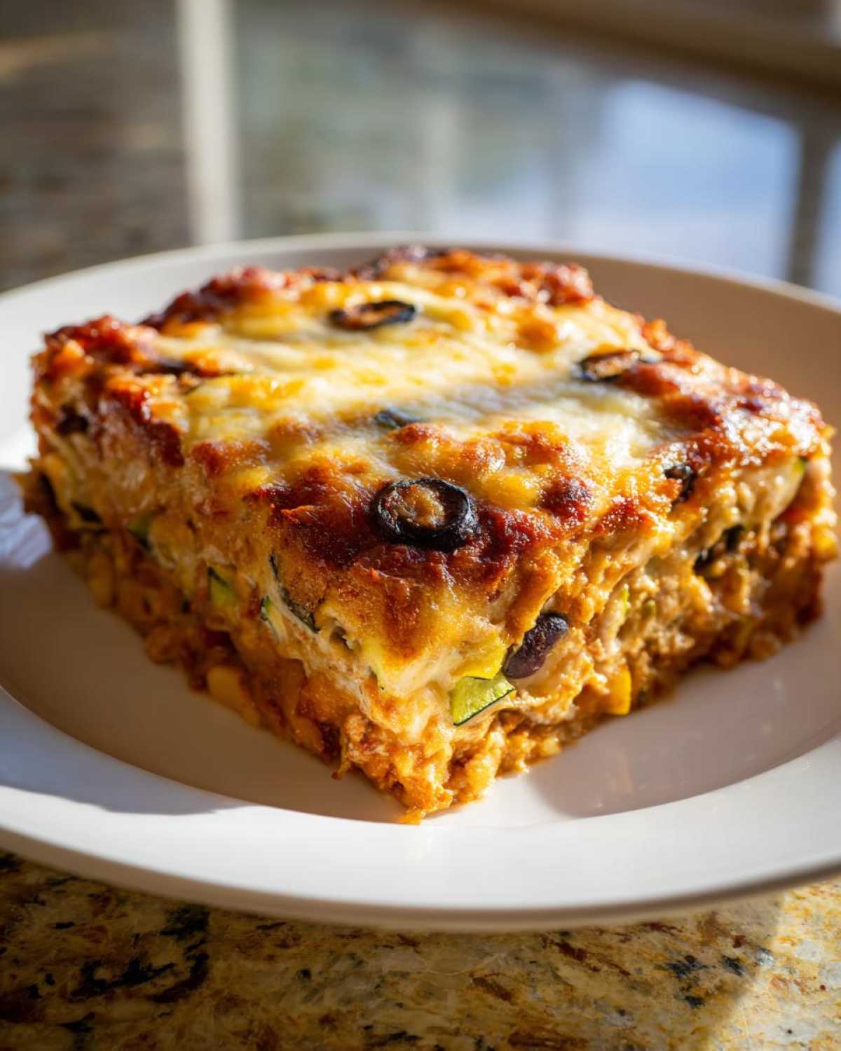 A close-up of a square slice of Mexican Zucchini Casserole topped with melted, browned cheese and black olives.