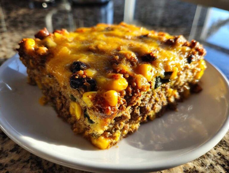 A close-up slice of Mexican Zucchini Casserole featuring ground meat, corn, black beans, and a melted cheddar cheese topping.