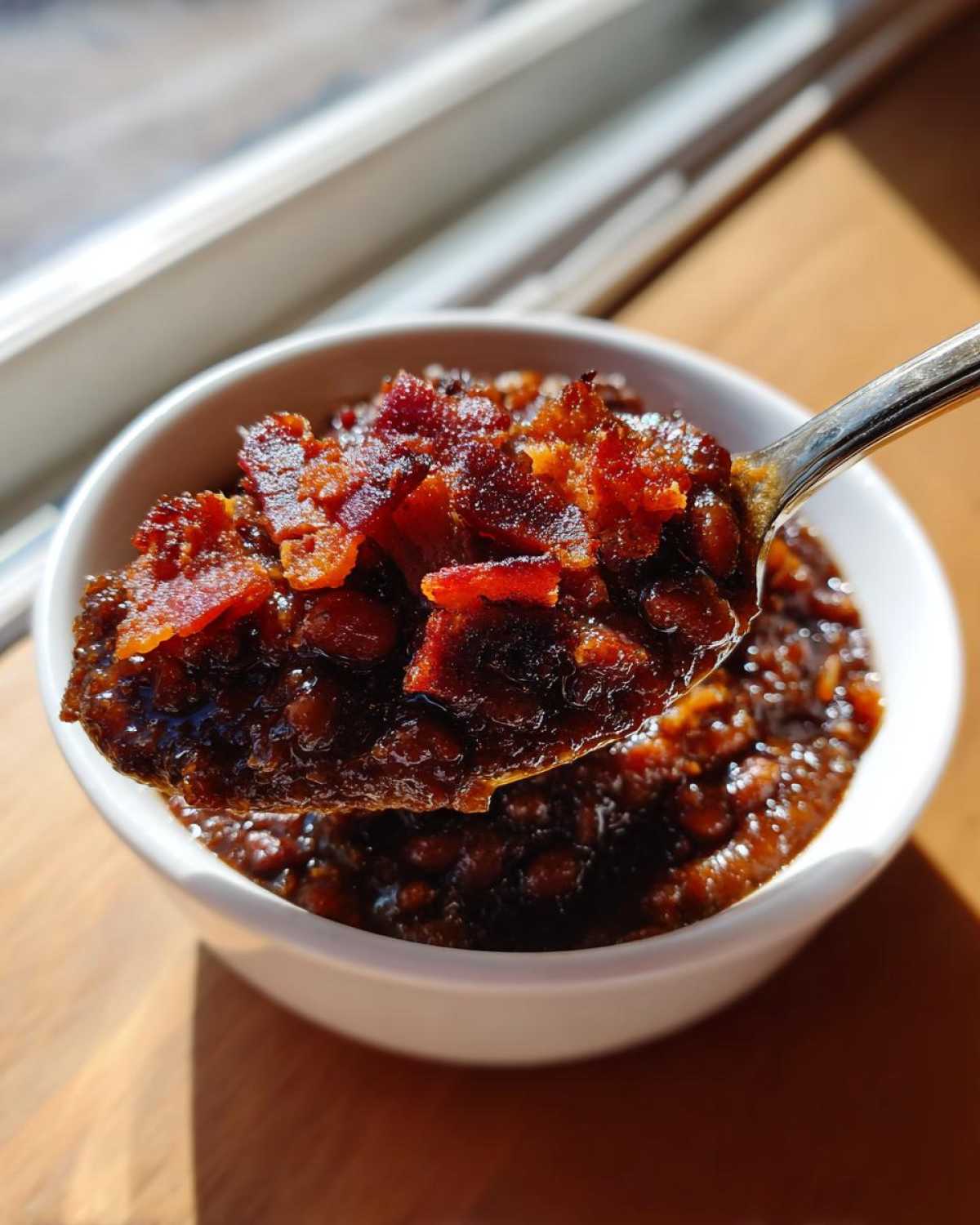 Close-up of a spoonful of rich, dark Million Dollar Baked Beans topped with crispy bacon pieces.