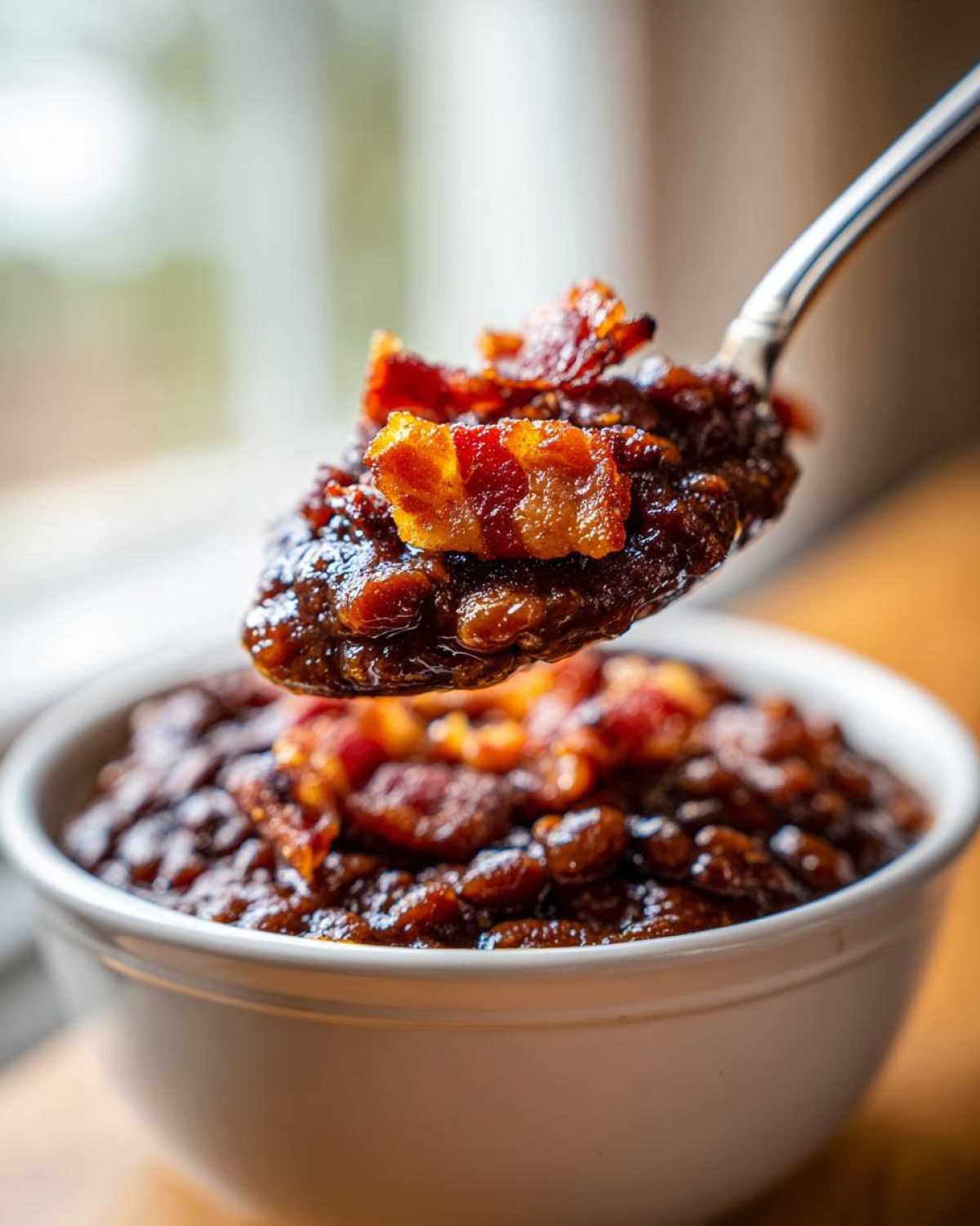 A spoonful of rich, saucy Million Dollar Baked Beans topped with crispy bacon being lifted from a white bowl.