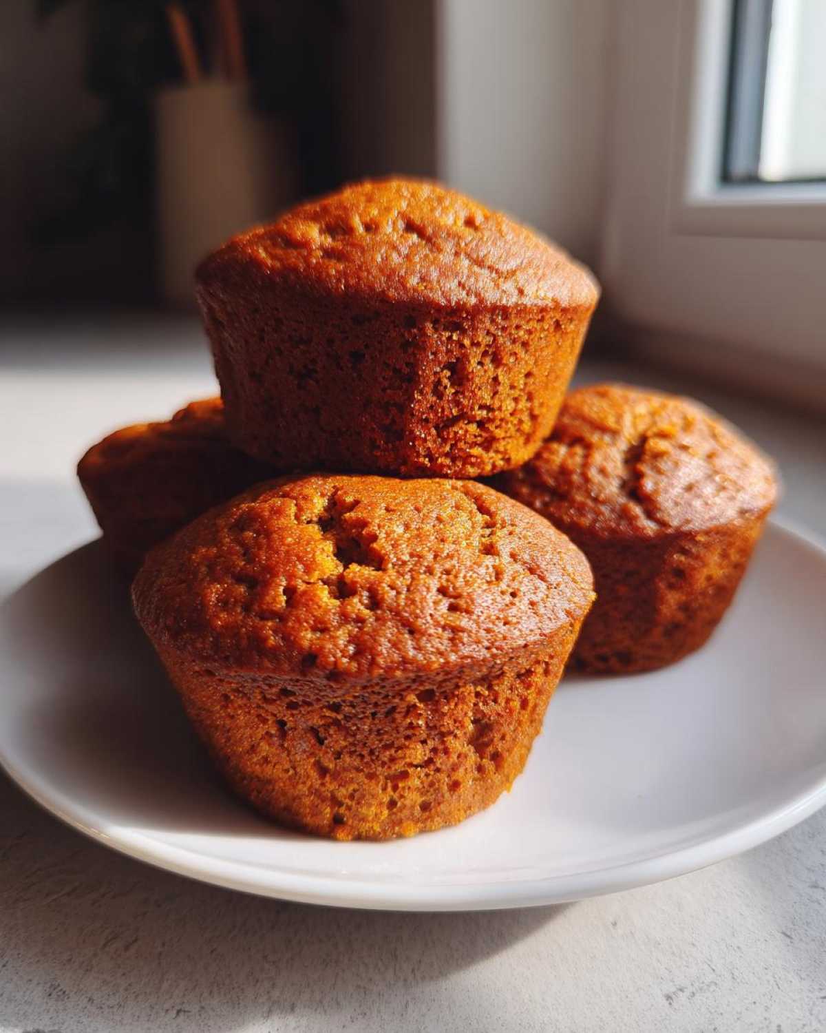 A stack of four perfectly baked, moist pumpkin spice muffins with a rich orange-brown color on a white plate.