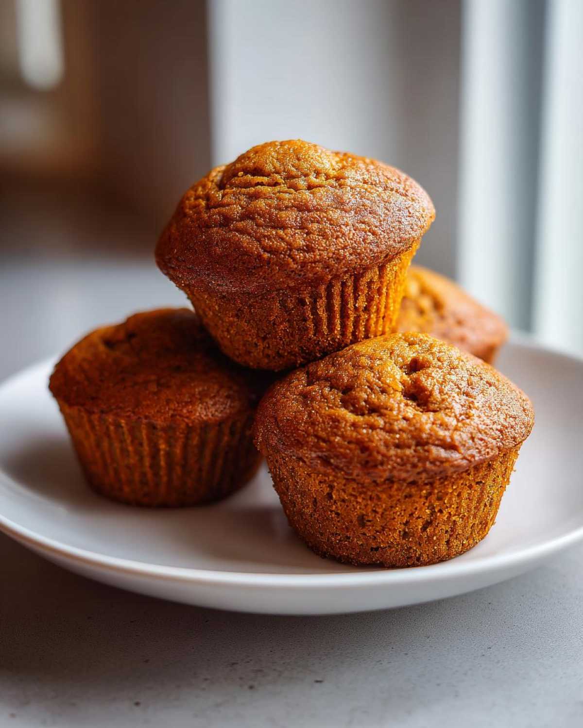A stack of four golden-brown, moist pumpkin spice muffins resting on a white plate near a bright window.