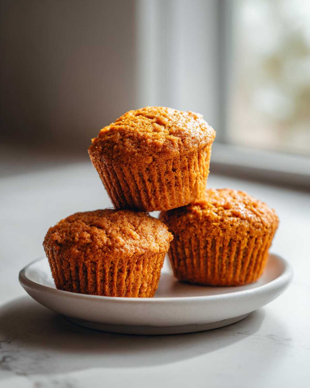 Three perfectly baked, moist pumpkin spice muffins stacked slightly on a small white plate near a bright window.