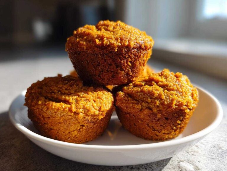 Best 12 Pumpkin Spice Muffins Recipe Moist Three moist pumpkin spice muffins stacked on a small white plate, highlighted by natural sunlight.