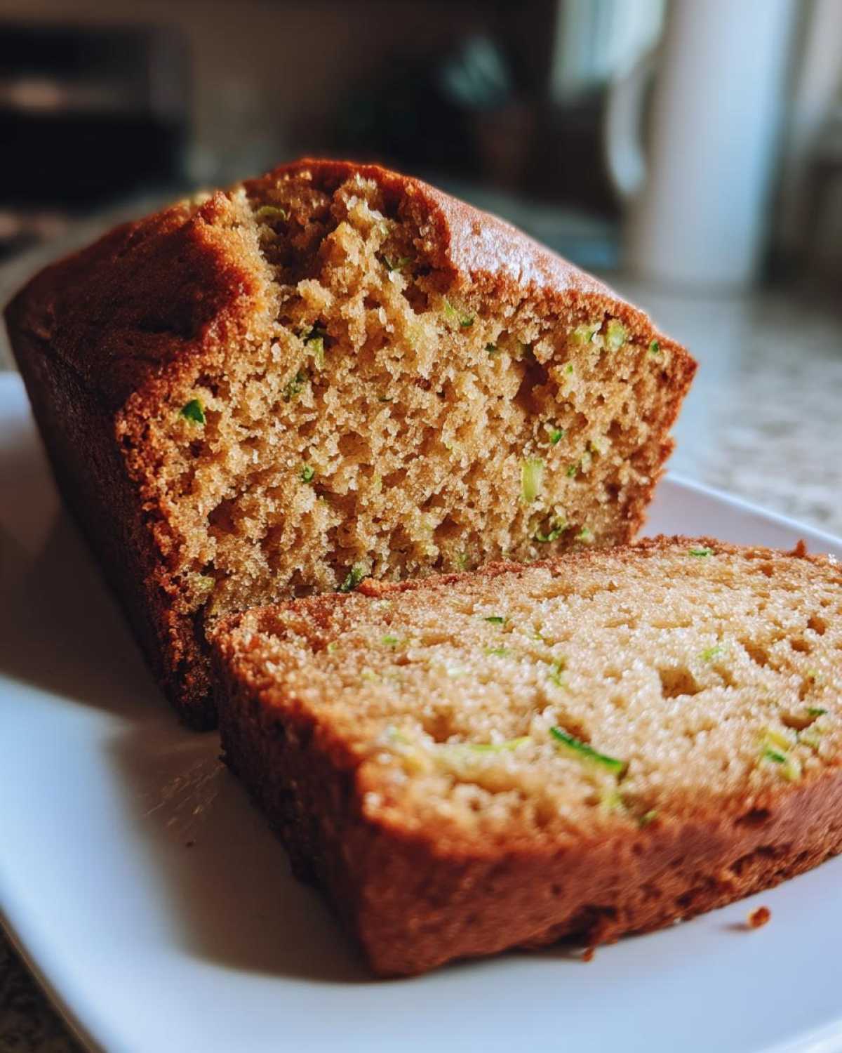 A close-up of a freshly baked zucchini bread recipe loaf with one slice cut and resting in front.