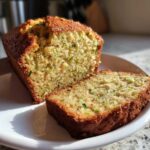 A golden-brown loaf of zucchini bread recipe, partially sliced, showing moist crumb with visible green shreds of zucchini.