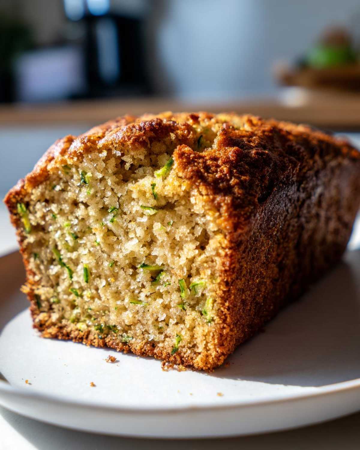 Close-up of a freshly baked loaf showing the moist crumb and shredded green zucchini in this zucchini bread recipe.