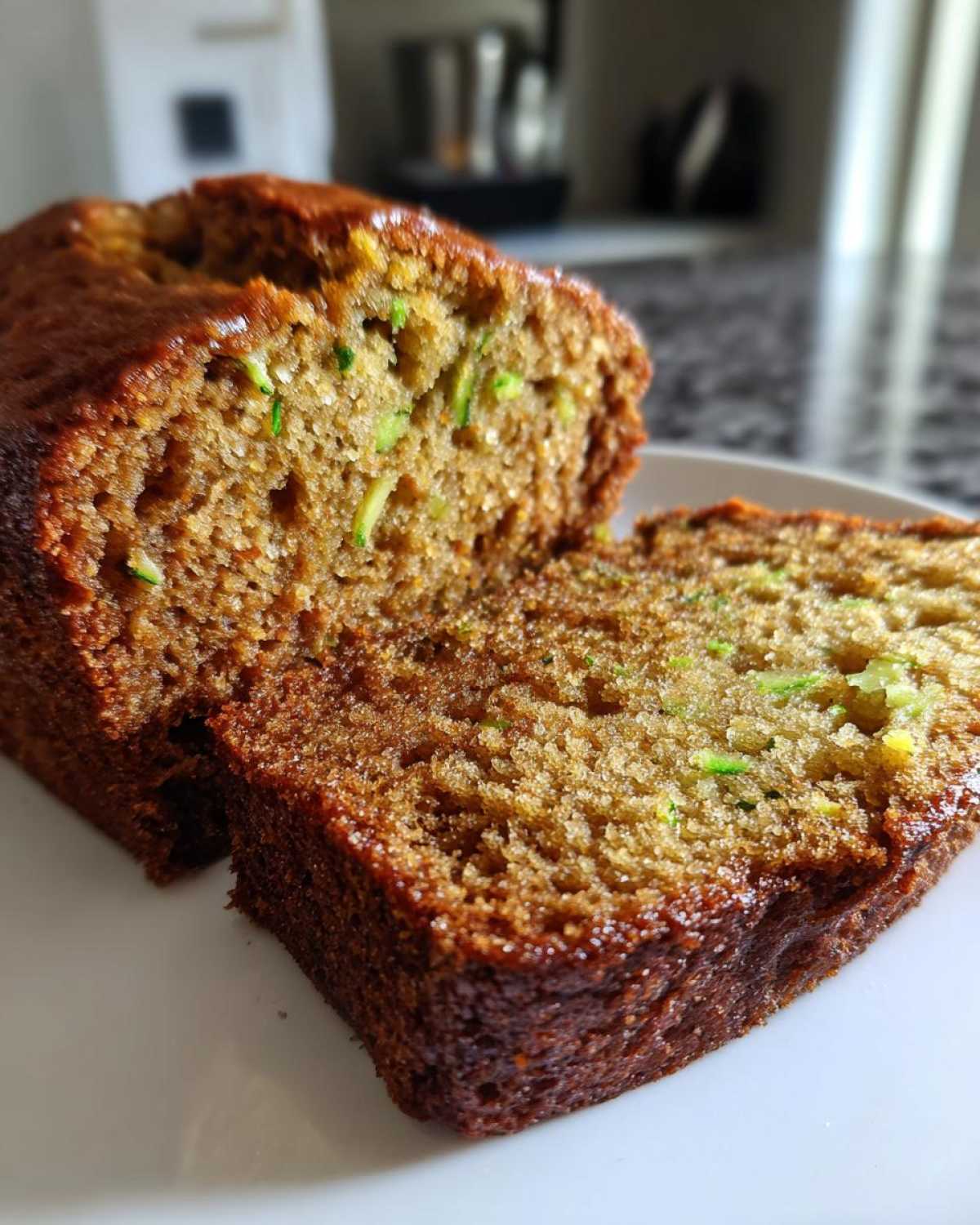 Close-up of a moist slice cut from a loaf of amazing zucchini bread recipe, showing visible green shreds of zucchini.