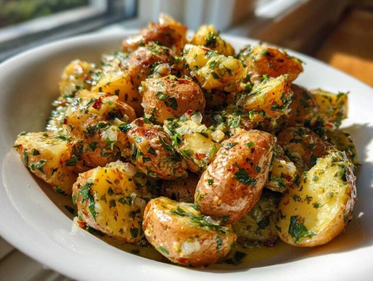 Close-up of Mouthwatering French Potato Salad tossed in a vinaigrette with herbs and shallots, served in a white bowl.