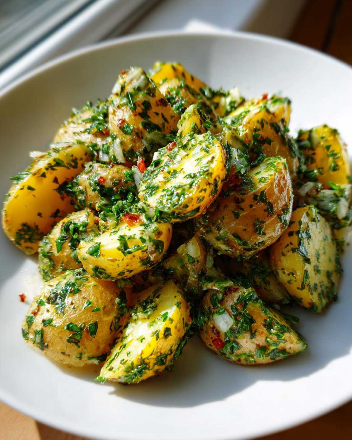 Close-up of Mouthwatering French Potato Salad featuring yellow potatoes tossed in a vibrant green herb and vinaigrette dressing.