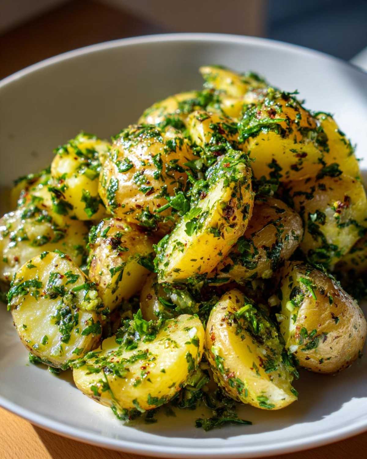 Close-up of halved, warm potatoes coated in a vibrant vinaigrette and fresh parsley for Mouthwatering French Potato Salad.