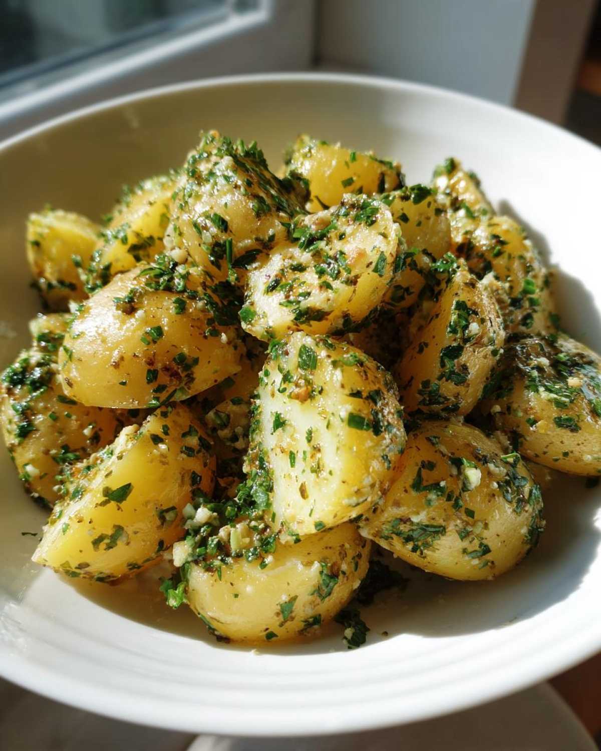 Close-up of halved, warm potatoes coated in a vinaigrette and fresh parsley, central to a Mouthwatering French Potato Salad.