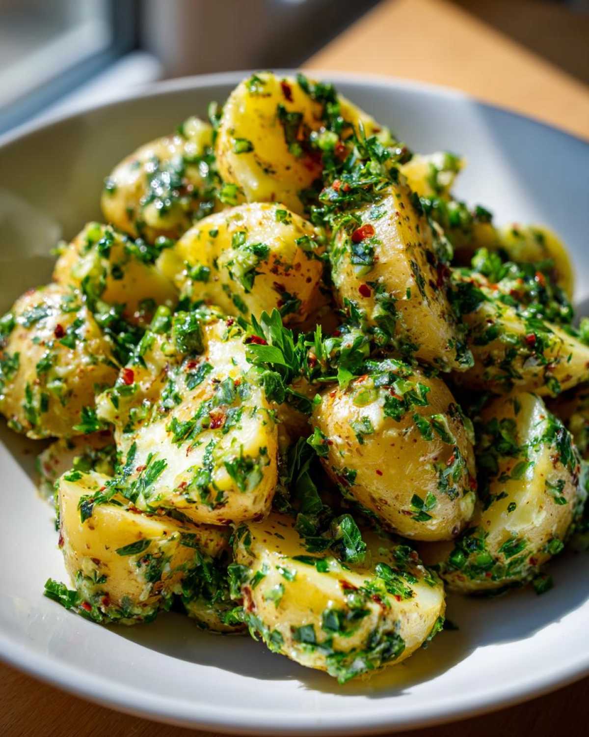 Close-up of Mouthwatering French Potato Salad featuring boiled potatoes tossed in a bright green herb vinaigrette.