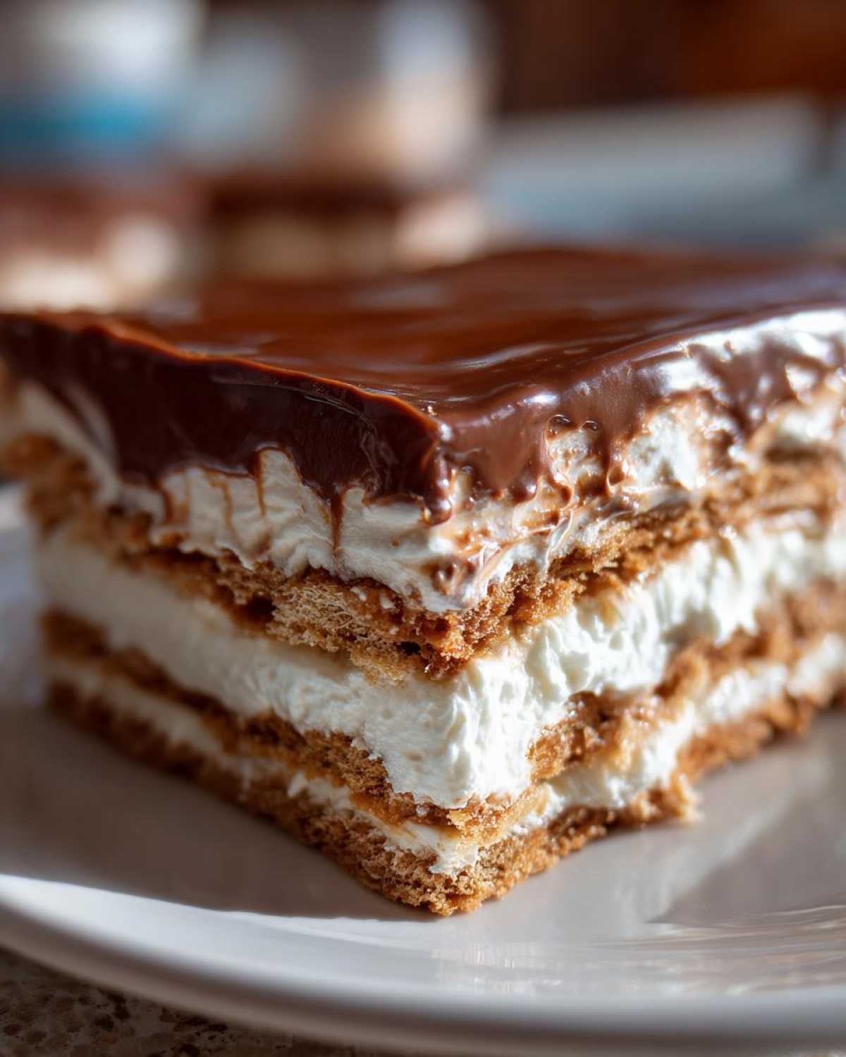 Close-up of a layered slice of No-Bake Chocolate Eclair Cake with graham crackers, cream filling, and chocolate ganache.
