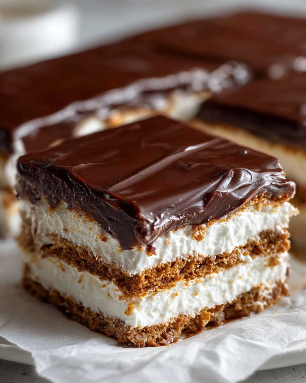 Close-up of a layered slice of No-Bake Chocolate Eclair Cake with graham crackers, cream filling, and chocolate frosting.