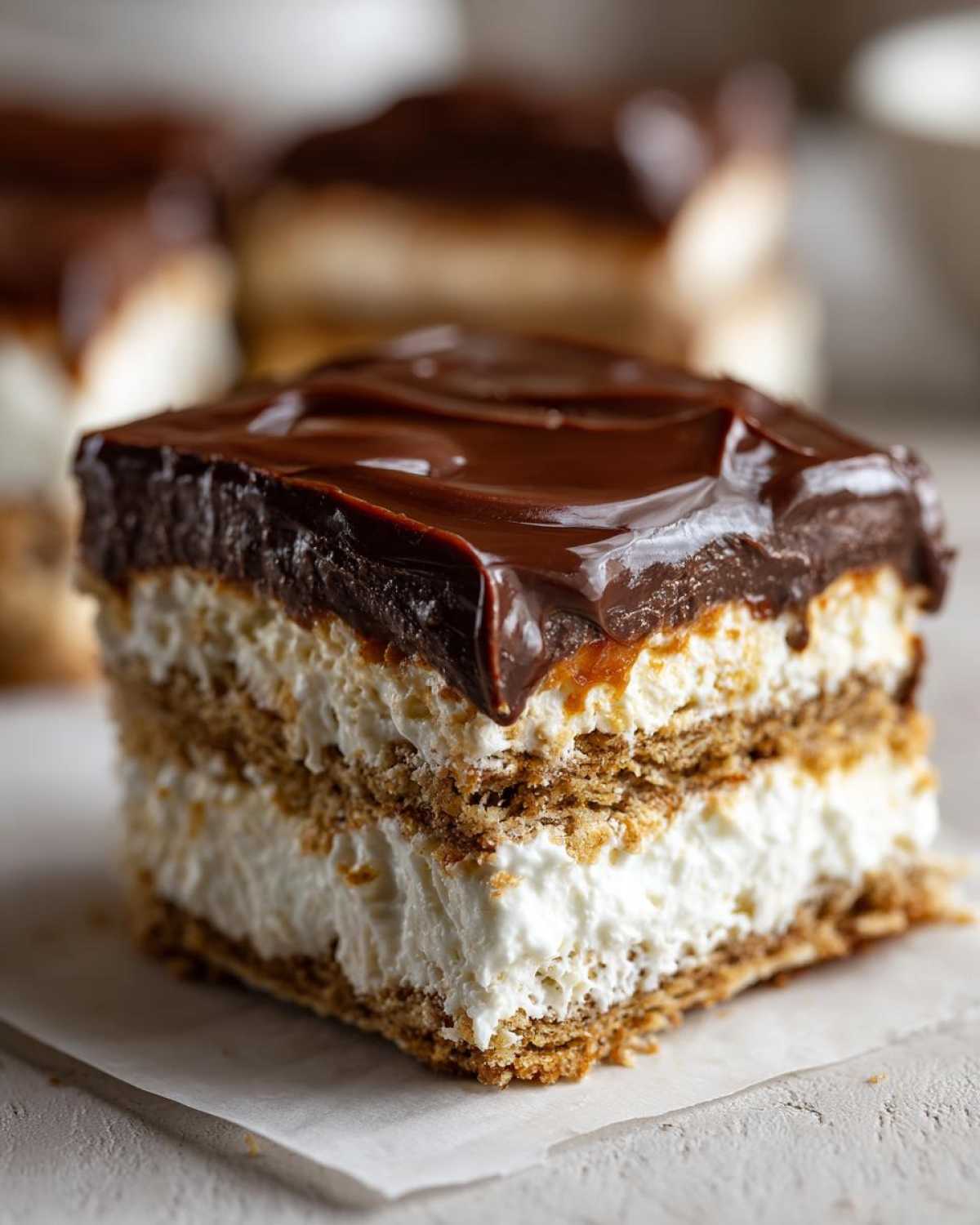 Close-up of a layered slice of No-Bake Chocolate Eclair Cake with graham crackers, cream filling, and chocolate glaze.