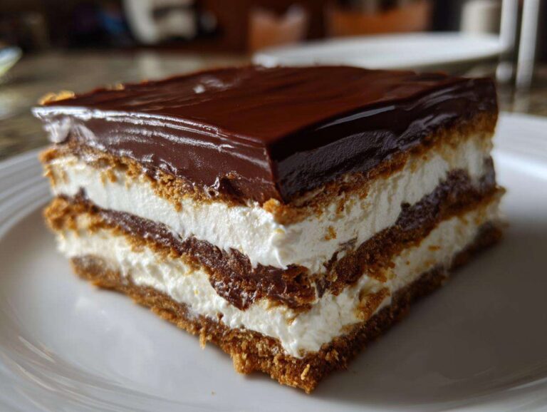 A close-up of a layered slice of No-Bake Chocolate Eclair Cake featuring graham crackers, cream filling, and chocolate glaze.