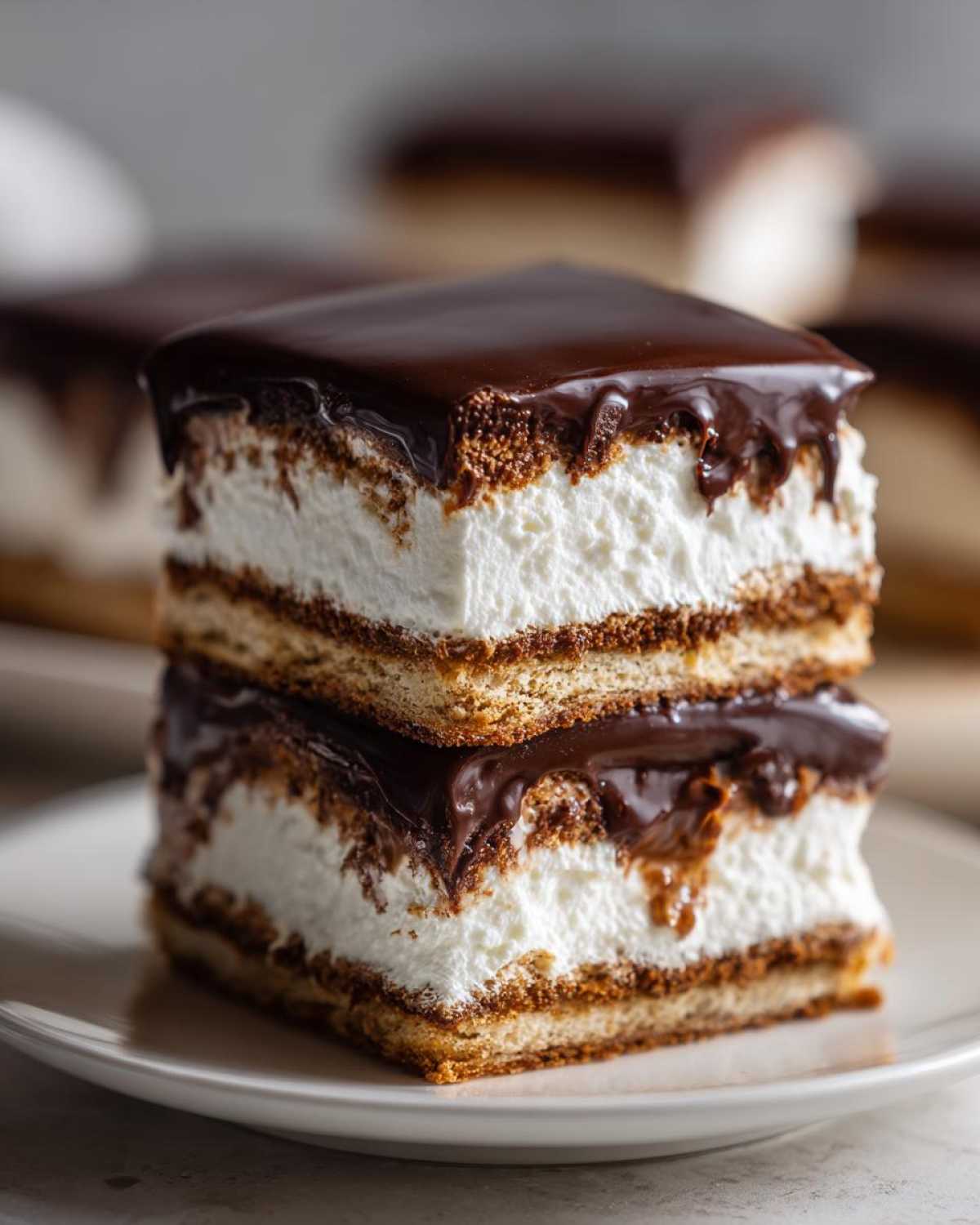 Two stacked squares of No-Bake Chocolate Eclair Cake featuring graham cracker layers, white cream filling, and thick chocolate glaze.