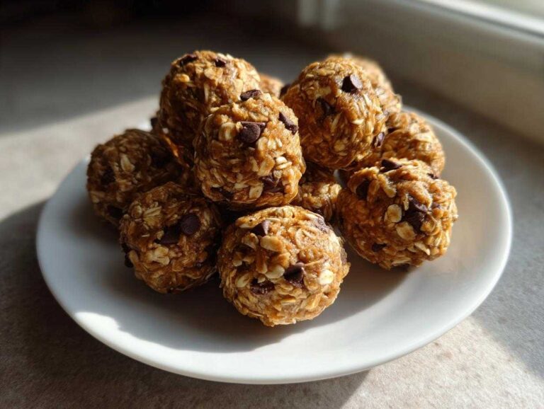 Amazing 10-Min No-Bake Peanut Butter Energy Bites A pile of No-Bake Peanut Butter Energy Bites made with oats and chocolate chips, served on a white plate.
