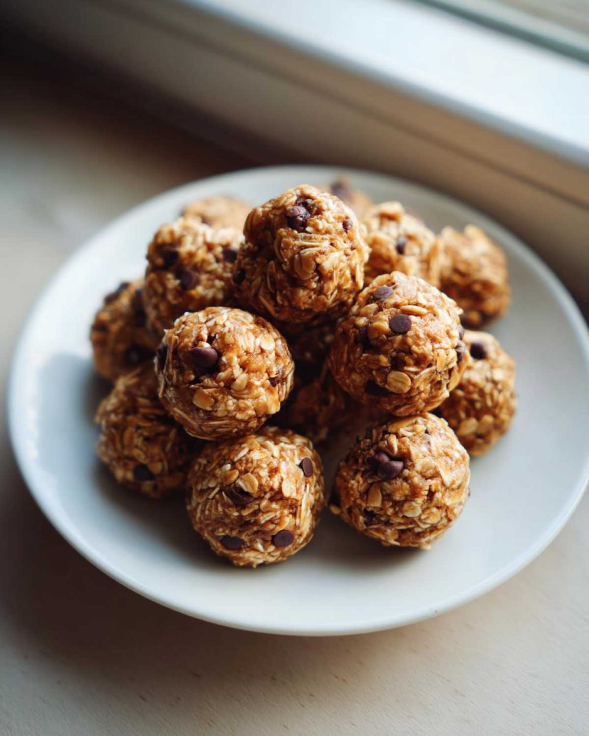 A stack of homemade No-Bake Peanut Butter Energy Bites mixed with oats and mini chocolate chips, served on a white plate.