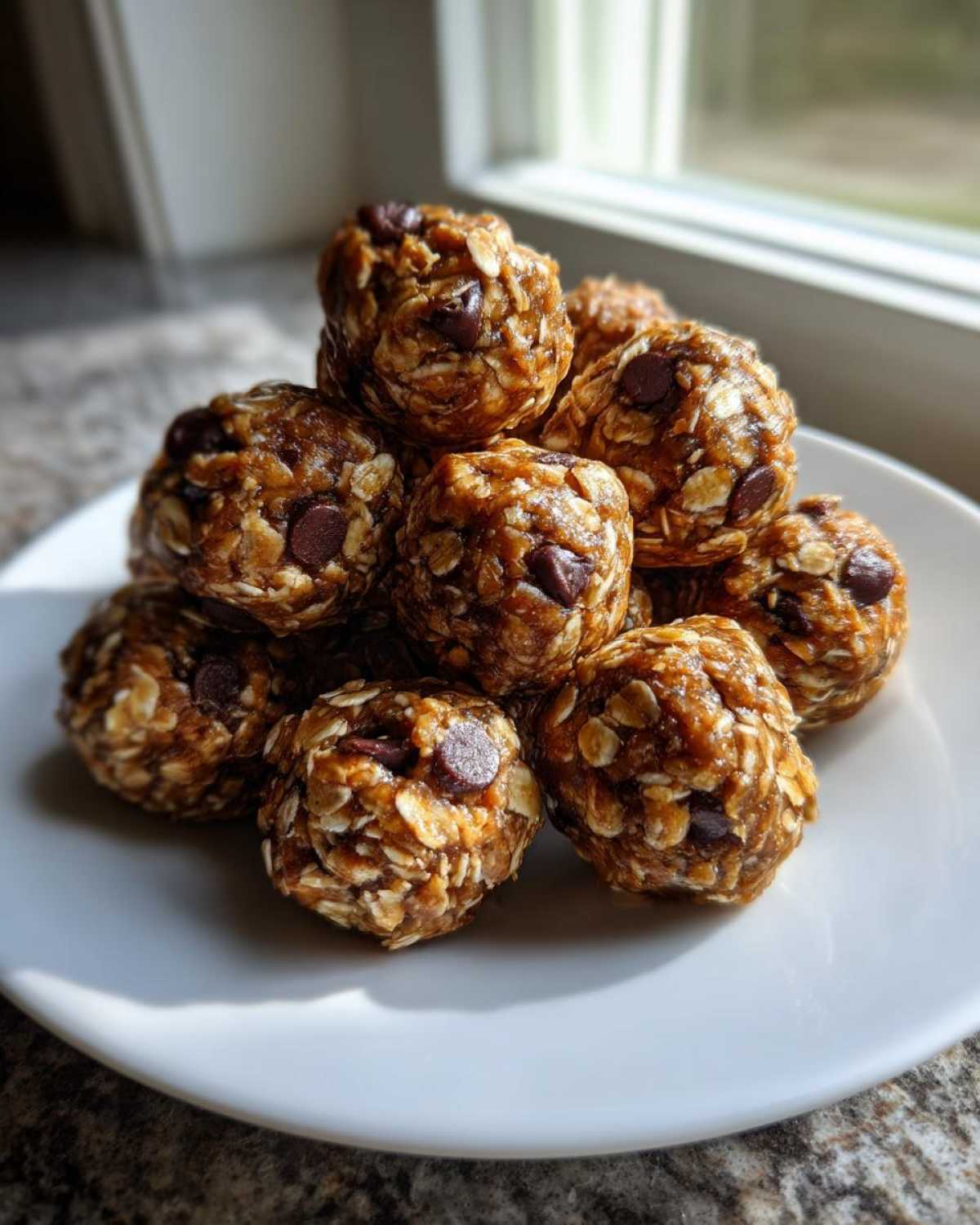 A stack of homemade No-Bake Peanut Butter Energy Bites studded with chocolate chips, resting on a white plate near a window.
