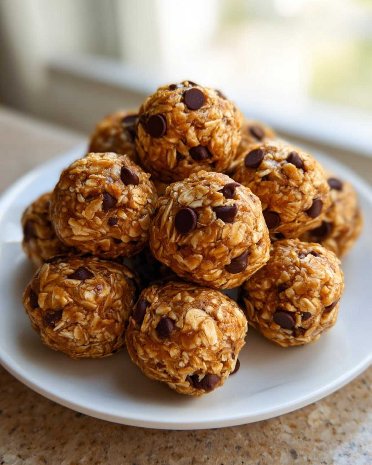 A close-up stack of delicious No-Bake Peanut Butter Energy Bites studded with mini chocolate chips on a white plate.
