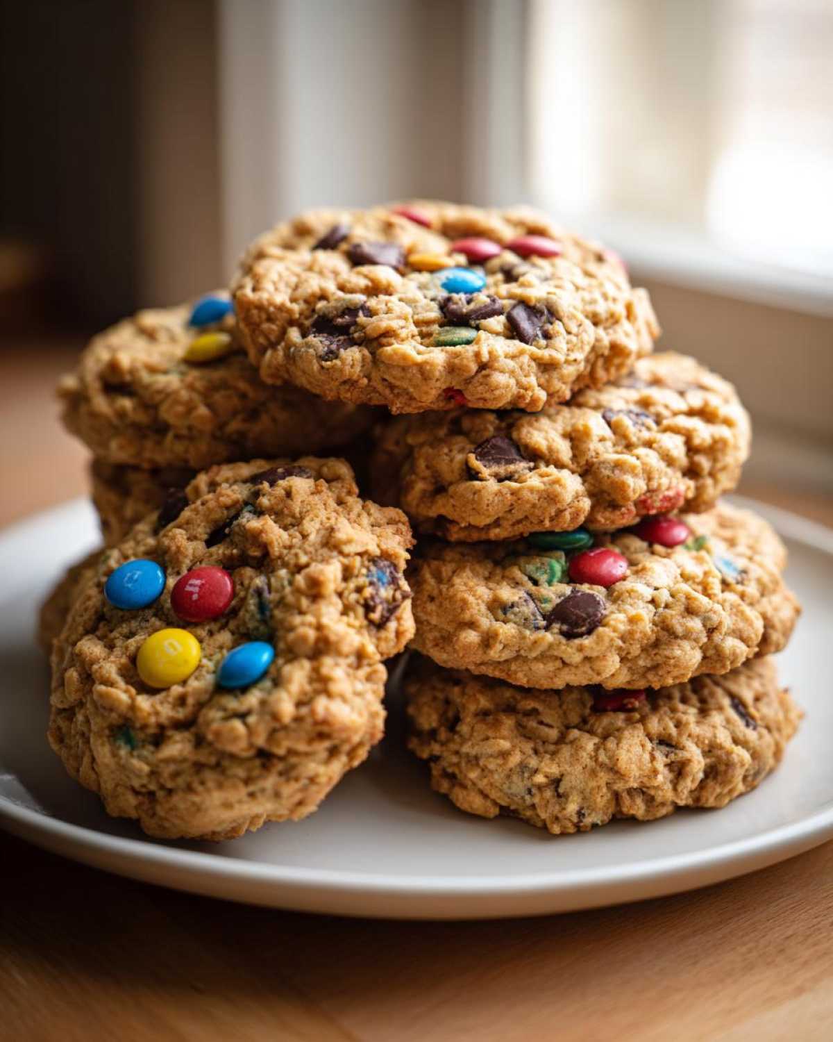 A stack of chewy, oatmeal Boat Snacks: Monster Cookies loaded with chocolate chips and colorful M&M candies on a white plate.