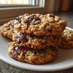A stack of three freshly baked Oatmeal Chocolate Chip Cookies with melted chocolate on a white plate.