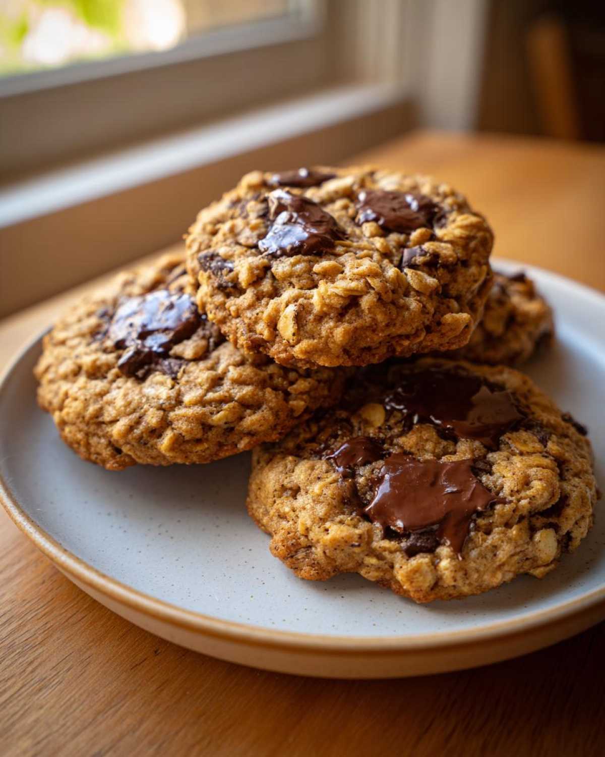 A stack of four chewy Oatmeal Chocolate Chip Cookies with melted chocolate chunks on a speckled plate.