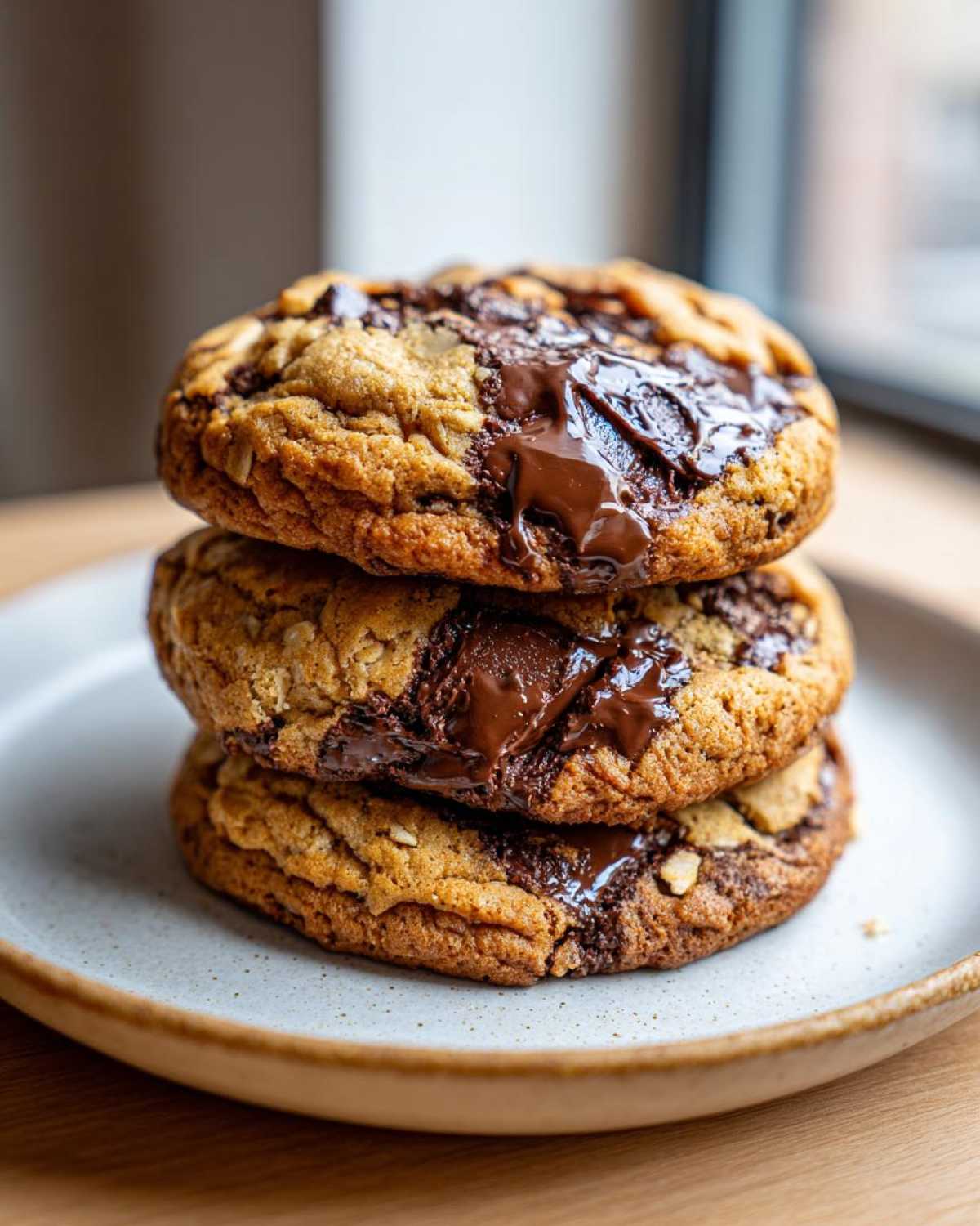 A stack of three thick Oatmeal Chocolate Chip Cookies with melted chocolate pools on top.