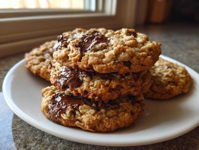 A stack of three freshly baked Oatmeal Chocolate Chip Cookies with melted chocolate on a white plate.